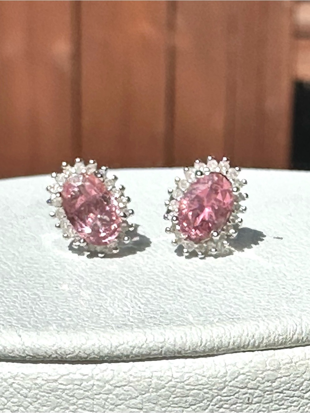 Pink Tourmaline Diamond Halo Earrings, Sterling Silver, BRAND NEW